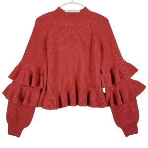 Rain + Rose Tomato Red Ruffle Sleeve Mock Neck Ribbed Knit Sweater SW4490S Large